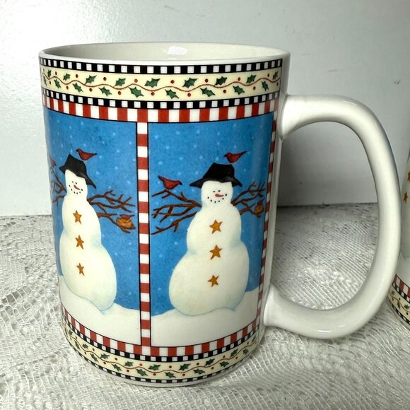 SAKURA Snowman Christmas Mugs – Whimsical Winter Design, Holly & Check Trim - Picture 1 of 4